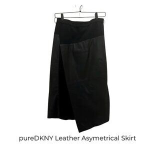 PureDKNY Black Leather Asymmetrical Skirt | Size S–M
